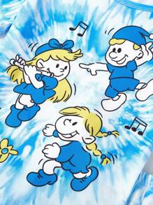 2pcs Tween GirlsCute Tie-Dye Pixie Print Casual Minimalist Short Sleeve Shorts Snug Fit Pajamas Set, Homewear - Blue - View 8