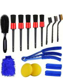 SHEIN Multifunktionales Autopflegeset, Autowaschhürsten-Set mit Radbrsten, Luftdüsenbrste, Polierschwämme, Waschhandschuh und Reinigungstuch