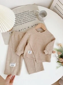 SHEIN Set casual in maglia per bebè con top a maniche lunghe beige carino e pantaloni a vita elastica, per autunno/inverno