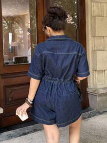 Dripcurv 大码女式无弹力V领不对称牛仔连体裤，春秋季深蓝色牛仔衬衫式蝴蝶结短裙韩版甜美连衣裙外出上衣女式裹身裙，可爱夏日假日优雅浪漫曲线农舍风 - 藍色 - 查看 2