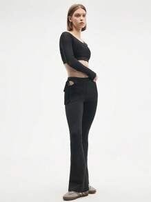 Gameset SHEIN Sport 女士纯色长袖超短运动文胸 - 黑色 - 查看 4