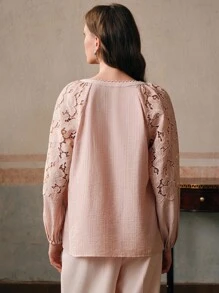 Anewsta Women's Lace Patchwork Fashion Casual Elegant V-Neck Loose Long Sleeve Shirt - Pink - View 7