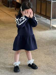 DAZY Baby Girl Round Neck Solid Color Spring & Autumn Fleece Stripe Bow Decor Mid-Length Dress - Blue - View 3