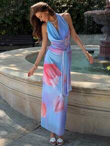 Aloruh Summer Holiday Deep V Neck Halter Slit Tight Mesh Dress For Women With Oceanic Print - Multicolor - View 5