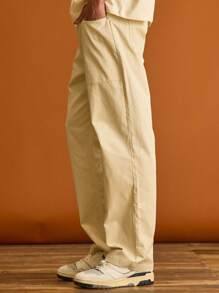 Musero Straight Leg Carpenter Style Pants Button Fastening Belt Loop Detailing Summer Holiday Vacation - Apricot - View 3