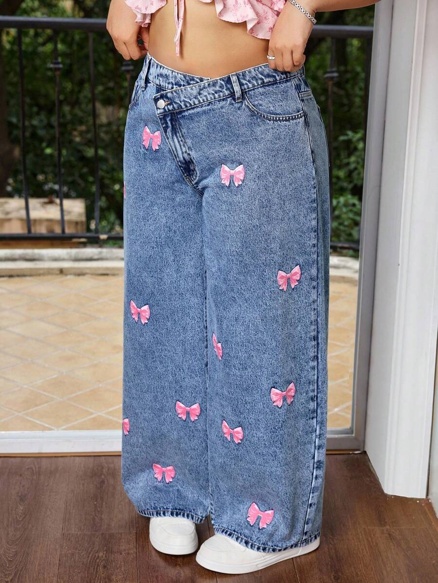 SHEIN MOD 大码休闲日常水洗蝴蝶印花阔腿牛仔裤