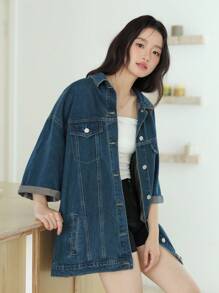 SHEIN Unity Áo khoác denim rộng rãi, giặt thường ngày cho nữ, Áo khoác denim nữ cho giáo viên, Áo khoác nữ cho giáo viên, Áo khoác mùa thu cho trường học - Rửa trung bình - Xem 1