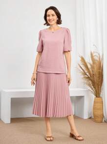 Miaspire 优雅泡泡袖衬衫和褶皱 A 字裙两件套服装 - 粉色 - 查看 6