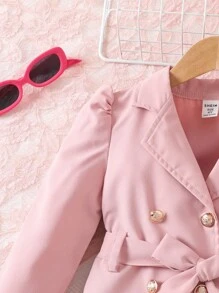 SHEIN Elegant Young Girl Jacket With Collar, Long Sleeves, Belt, Butterfly Mesh Pattern On Left Side, Charming And Beautiful Gift Choice Girls Dress Coat Butterfly Dress For Girls Pink Dress Coat For Girls Girls Long Sleeve Dress Little Girl Dress Coat Long Sleeve Dress For Girls Girls Coats,In Fall/Winter - Pink - View 5