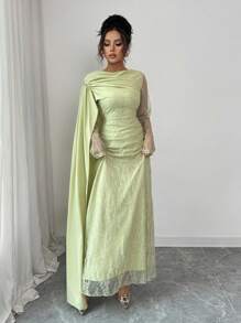 Elenzga 新款 3D 剪裁法式优雅风格连衣裙，适合生日派对、宴会、乡村蕾丝长袖露肩手工褶皱修身连衣裙，适合女士 - 綠色 - 查看 7