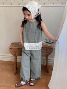 Dazy Kids Bộ 2 món/Bộ áo ren chắp vá không tay và quần ống rộng thường ngày cho bé gái, bé gái - Rửa nhẹ - Xem 3