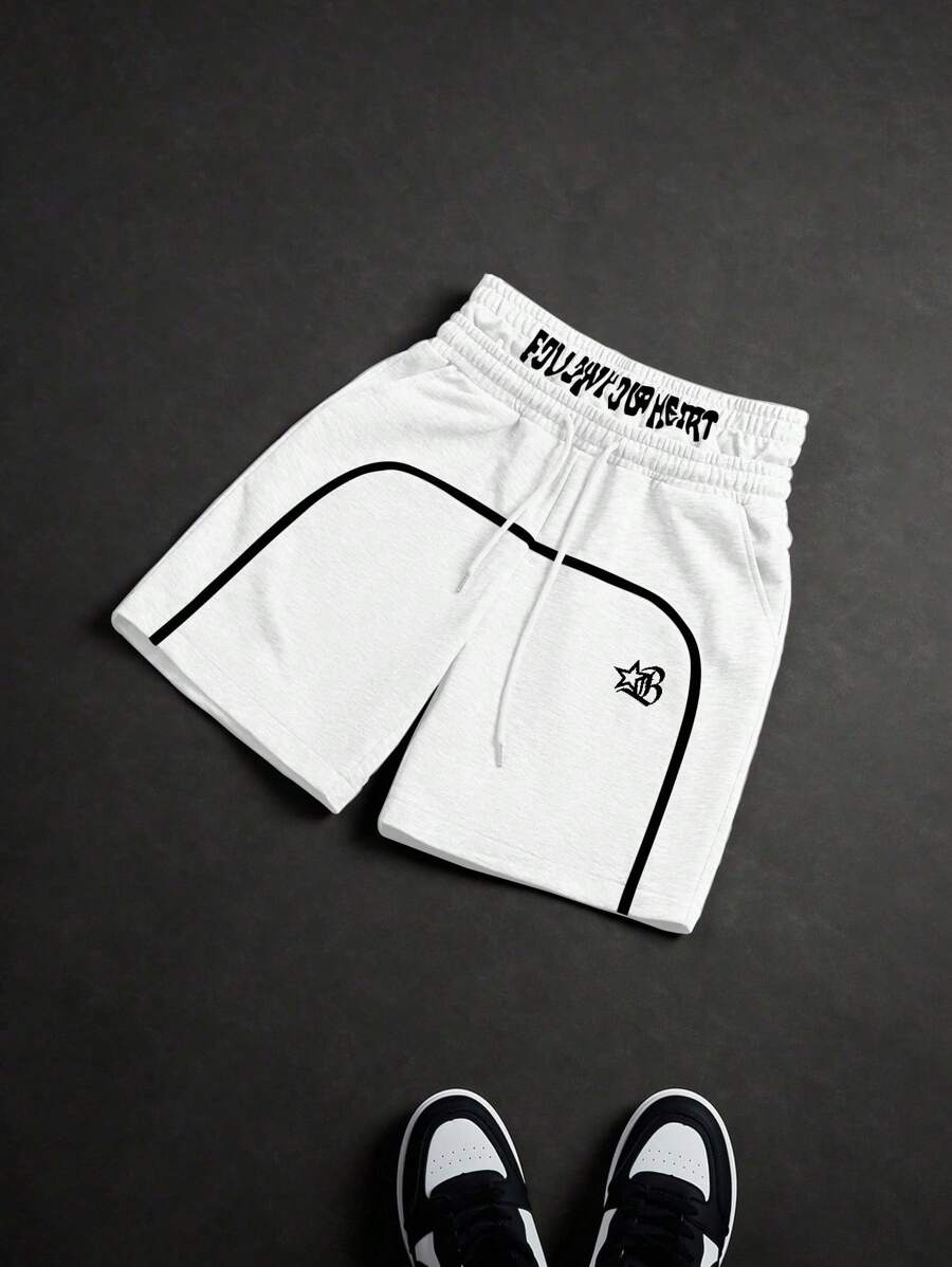 PAVTROS 2件装男士字母印花抽绳腰宽松短裤