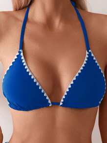 Swim Basics Women Floral Trim Halter Style Bikini Set For Summer Beach Vacation - Teal Blue - View 4