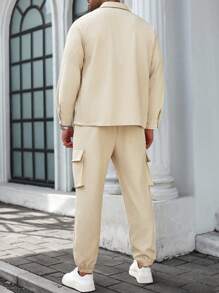 Manfinity Homme Men's Plus Size Flap Pocket Jacket And Drawstring Waist Pants,Fall Clothes - Khaki - View 2