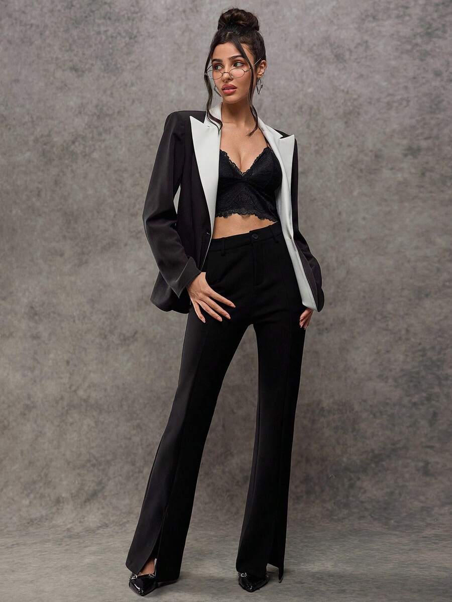 Avenya 极简造型垫肩，经典黑白拼色翻领，修腰V领长袖西装外套，别致的设计，单粒扣开合，办公室女神，性感女神，女士黑色领带活动，休闲通勤商务，西装风格，秋季，秋冬，学院风，辣妹风格 - 黑與白 - 查看 1