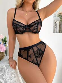 Seduluxe 女士花卉蕾丝内衣套装（2件套） - 黑色 - 查看 5