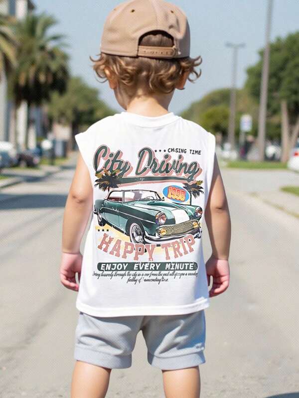 SHEIN Camiseta sin mangas casual y minimalista con estampado de letras y autos vintage, adecuada para niños pequeños en verano