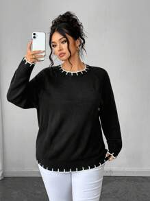 SHEIN Elenzya Plus Size Elegant Black Knit Pullover Contrast White Trim Long Sleeve Sweater, Chic For Work And Casual Wear Knit Pullover Fall Winter - Black - View 1