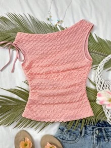 SHEIN Teen Girls Vacation Beige Knitted Fabric Puff Sleeve Asymmetrical Neck Bowknot Waist Ruched Fitted Crop Top, Suitable For Party, City Street, Beach Holiday, Spring/Summer - Coral Pink - View 2