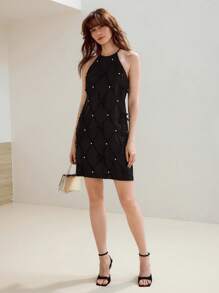 MOTF PREMIUM 仿珍珠蝴蝶结细节挂脖短裙 - 黑色 - 查看 4