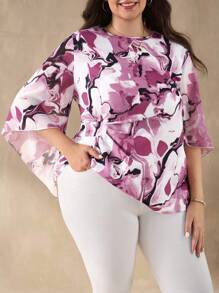 SHEIN Clasi 大码宽松休闲时尚印花女式衬衫，秋季简约复古韩版教师机场旅行复古女式复古教师秋季大码商务休闲女式曲线乡村音乐会波西米亚风衬衫 - 彩色 - 查看 3