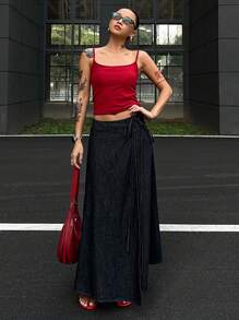 DAZY Váy maxi denim nữ kiểu dáng thường ngày, thắt nơ, váy maxi denim màu xanh đậm, váy thường ngày, váy maxi denim, váy denim dài, váy jeans, váy maxi nữ, váy quấn. - Màu xanh lam - Xem 5