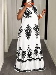 Slaydiva Đầm dài dáng rộng in hoa cho nữ cỡ lớn, cổ cao giả, bèo nhún, kiểu dáng đi nghỉ mát. - Đen và trắng - Xem 7
