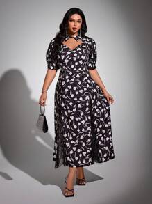 Viva Relle Vestido elegante de vacaciones con mangas abullonadas y bajo con abertura, talla grande