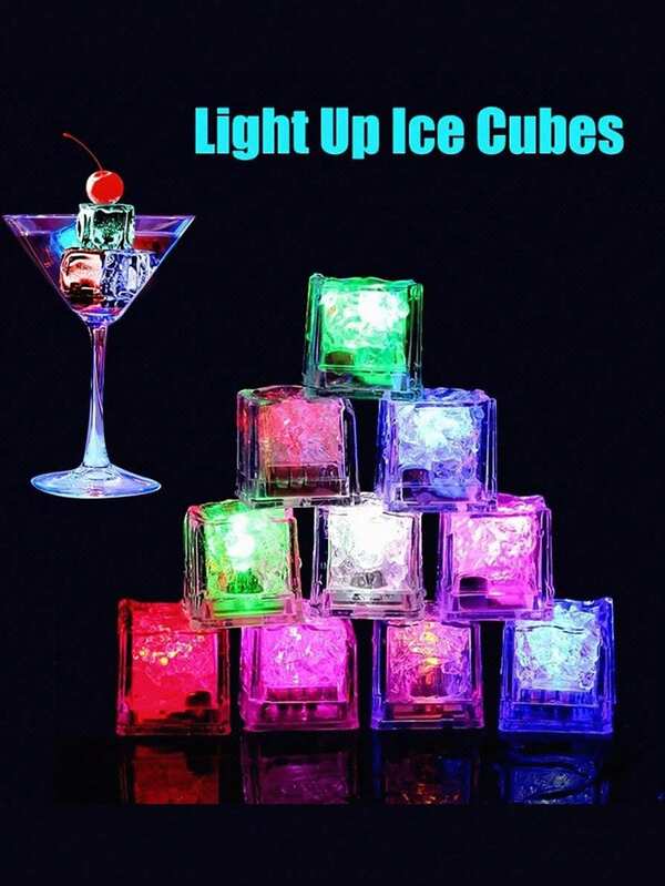 SHEIN 12 piezas, cubos de hielo LED multicolor con luz, reutilizables e impermeables, cubos de hielo brillantes y fluorescentes para fiestas, bodas, bares, clubes, decoración del hogar, material duradero y seguro para alimentos