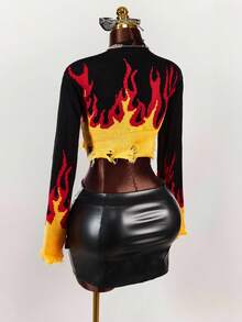 Amplova Fall Clothes Women Fire Pattern Distressed Crop Sweater,Long Sleeve Tops - Black - View 9