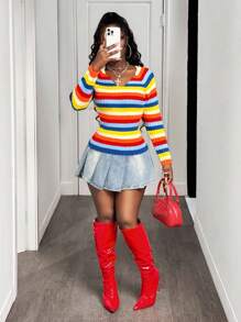 BamGleam Women V-Neck Long Sleeve Pullover Sweater, Colorful Ribbed Ribbed Slim Fit Slit Cuff Casual Knitted Top Fall Winter - Multicolor - View 7