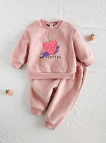 SHEIN 2-Pack Baby Girl Fashion Cute Strawberry Pattern Embroidered Long-Sleeved Top And Pants Set Suitable For Autumn And Winter Daily Wear Fall - Pink - View 10