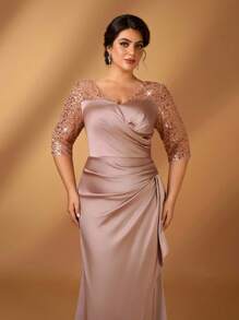 Serin Đầm suông dáng rộng mùa thu đông thanh lịch lãng mạn tuyệt đẹp màu sâm panh cắt hạt satin cổ chữ V tay áo ba phần tư xếp ly cắt đuôi cá nhỏ bất đối xứng miếng vá lá sen thích hợp cho bữa tối hẹn hò đơn lẻ tiệc ngày lễ khiêu vũ lễ hội âm nhạc sự kiện đám cưới cô dâu váy mẹ váy khách mời đám cưới phụ nữ - Rượu sâm banh - Xem 1