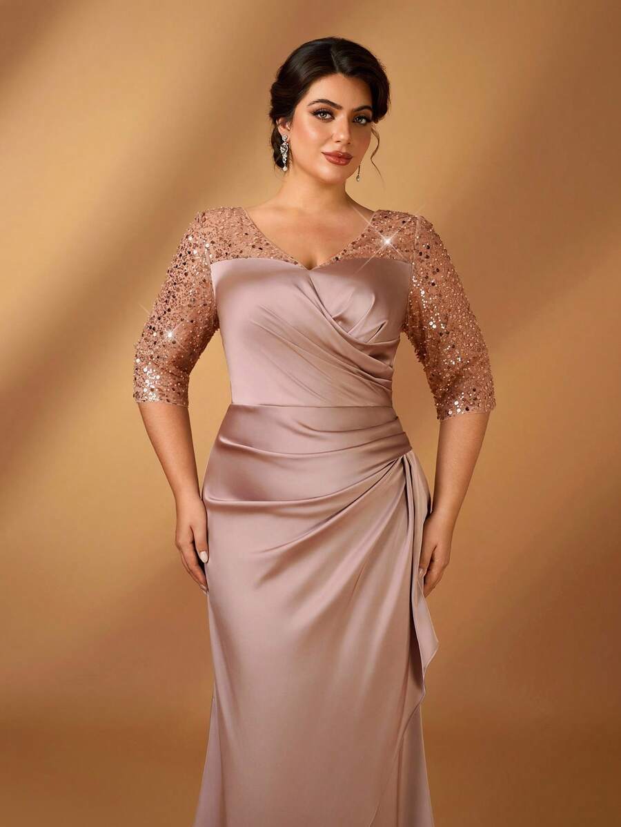 Serin Đầm suông dáng rộng mùa thu đông thanh lịch lãng mạn tuyệt đẹp màu sâm panh cắt hạt satin cổ chữ V tay áo ba phần tư xếp ly cắt đuôi cá nhỏ bất đối xứng miếng vá lá sen thích hợp cho bữa tối hẹn hò đơn lẻ tiệc ngày lễ khiêu vũ lễ hội âm nhạc sự kiện đám cưới cô dâu váy mẹ váy khách mời đám cưới phụ nữ - Rượu sâm banh - Xem 1