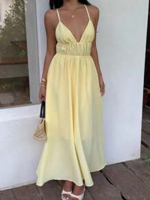 SHEIN EZwear 夏季度假深V领细肩带休闲女士黄色连衣裙