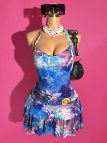 Slaydiva 2025 夏季新款音乐节、复活节、西部风情、游牧风、派对、泳池性感、度假、邮轮旅行、海滩、日光浴、时尚名人、度假、甜美、性感、透视、飘逸、半透明、舒适、梦幻夜空与海洋蓝色印花、精致金属贝壳装饰、双褶边下摆女式迷你连衣裙 - 藍色 - 查看 3