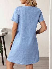 EMERY ROSE Women's Button Design Round Neck Short Sleeve Casual Denim Dress - Light Wash - View 2