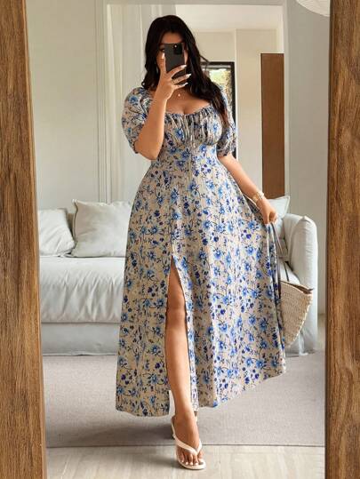 Vionelle Vestido mini de manga corta con abertura alta y estampado floral para tallas grandes