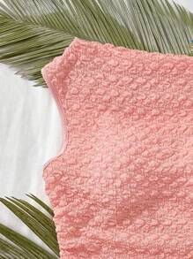 SHEIN Teen Girls Vacation Beige Knitted Fabric Puff Sleeve Asymmetrical Neck Bowknot Waist Ruched Fitted Crop Top, Suitable For Party, City Street, Beach Holiday, Spring/Summer - Coral Pink - View 4