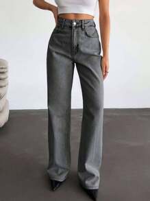 RueChic Calça jeans feminina de cintura alta com bolsos, reta, solta e casual, versátil