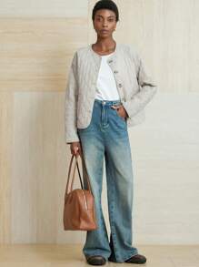 Aveloria Modichic 女士口袋装饰简约休闲圆领长袖宽松棉服外套 - 杏色 - 查看 4