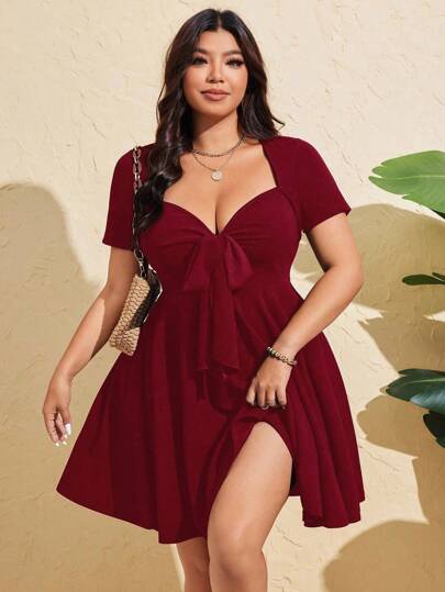 Sunspun Vestido mini ajustado de manga corta con lazo delantero sexy para mujer de talla grande para verano