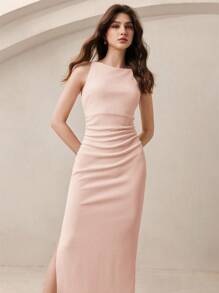 BizChic 春夏新款粉色吊带露肩褶皱腰侧开衩连衣裙，时尚优雅，适合都市通勤、日常穿着，浪漫90年代复古风，也适合圣诞节、新年、情人节派对、海滩、毕业典礼、时尚嘉年华、度假等场合，百搭浪漫，也适合婚礼宾客、派对、音乐会、早午餐、机场等多种场合。 - 粉色 - 查看 5