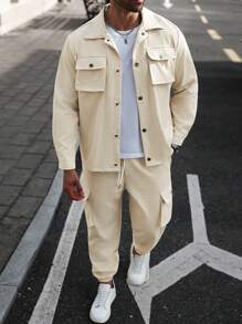 Manfinity Homme Men's Plus Size Flap Pocket Jacket And Drawstring Waist Pants,Fall Clothes - Khaki - View 3