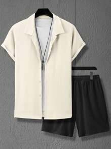 Manfinity Homme 男士纯色短袖单排扣衬衫短裤休闲西装（随机裁剪）男士夏季服装男士夏季衬衫