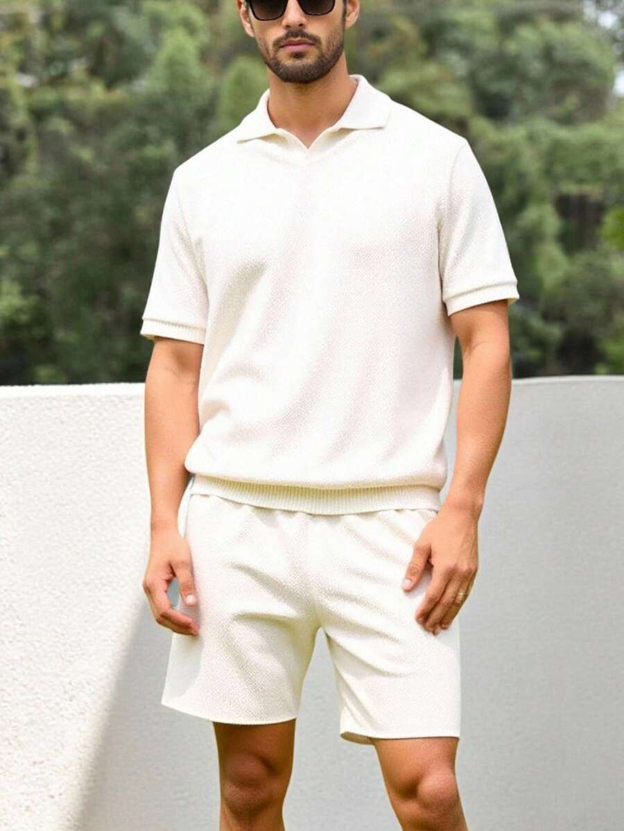 Manfinity Homme 2pcs Men's Casual Solid Color Knitted Short Sleeve Top And Shorts Set - White - View 1