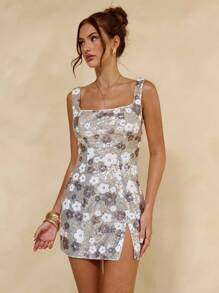 SHEIN BAE Váy ngắn cổ chữ V không tay màu trơn thanh lịch với họa tiết hoa sequin, thích hợp mặc đi nghỉ dưỡng, bãi biển, lễ hội âm nhạc, tiệc sinh nhật, tiệc trưa, trang phục dự tiệc cưới, váy phù dâu - Bạc - Xem 7