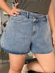 Dazy Plus Faded Blue Washed Denim Straight Leg Shorts With Slanted Placket, Summer Jorts - Light Wash - View 6