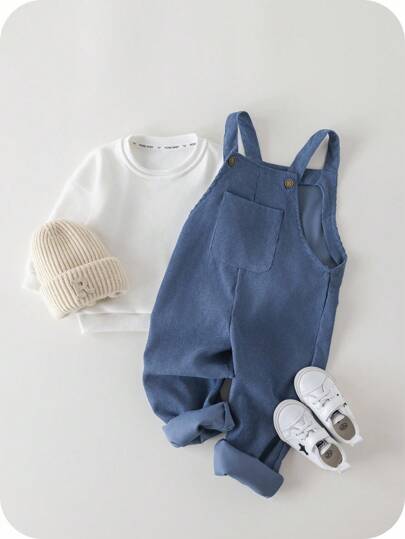 SHEIN Unga pojkar Blue Patch Pocket Jumpsuit byxor med justerbara remmar för fritidskläder