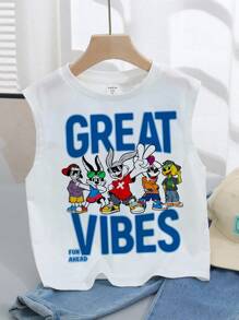 SHEIN 男童夏季休闲无袖上衣，简约字母印花 - 白色 - 查看 2